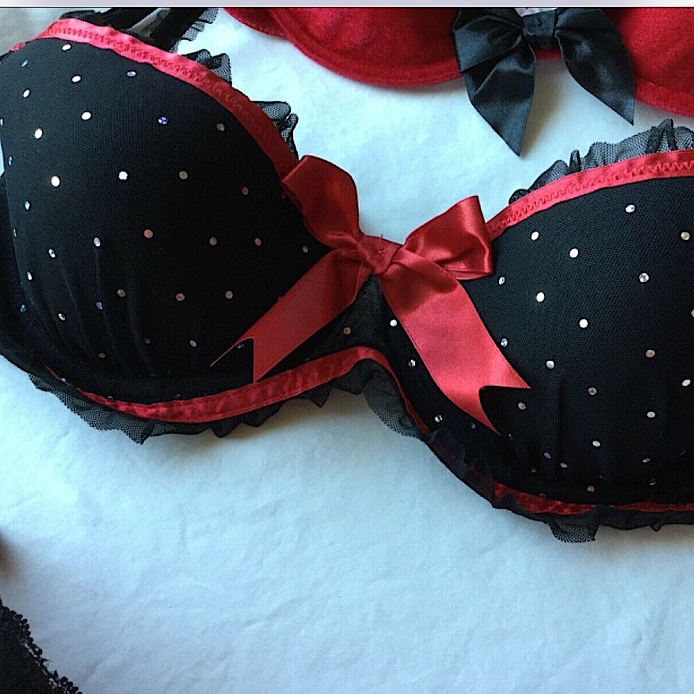 Embellished Bra Black/Red Sparkle Rhinestones Look 36C